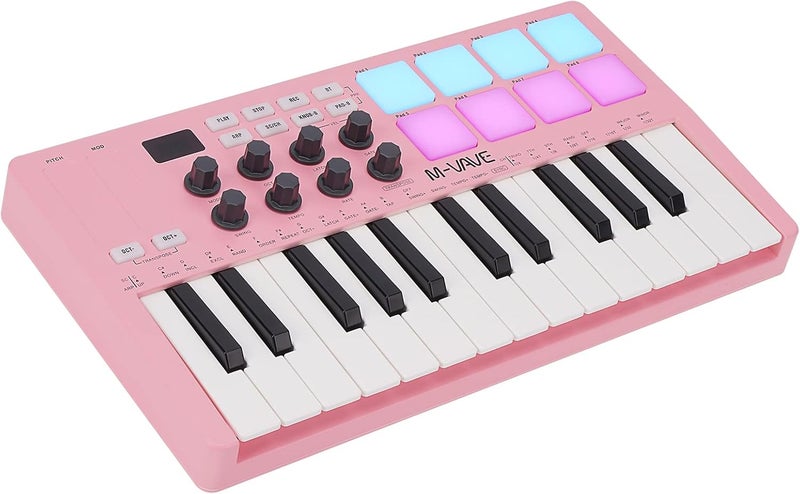 M-VAVE 25 Key USB MIDI Keyboard Controller With 8 Backlit Drum Pads, Bluetooth Semi Weighted Professional dynamic keybed 8 Knobs and Music Production,Software Included (Pink) - Image 1